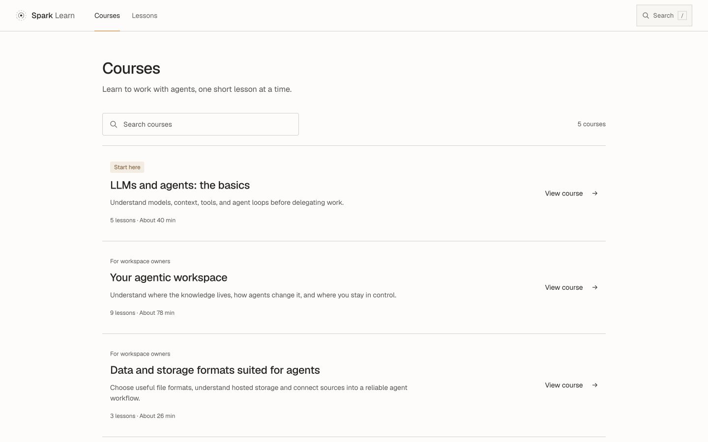 Spark Learn's course overview, showing LLMs and agents: the basics, Your agentic workspace, and Data and storage formats suited for agents.
